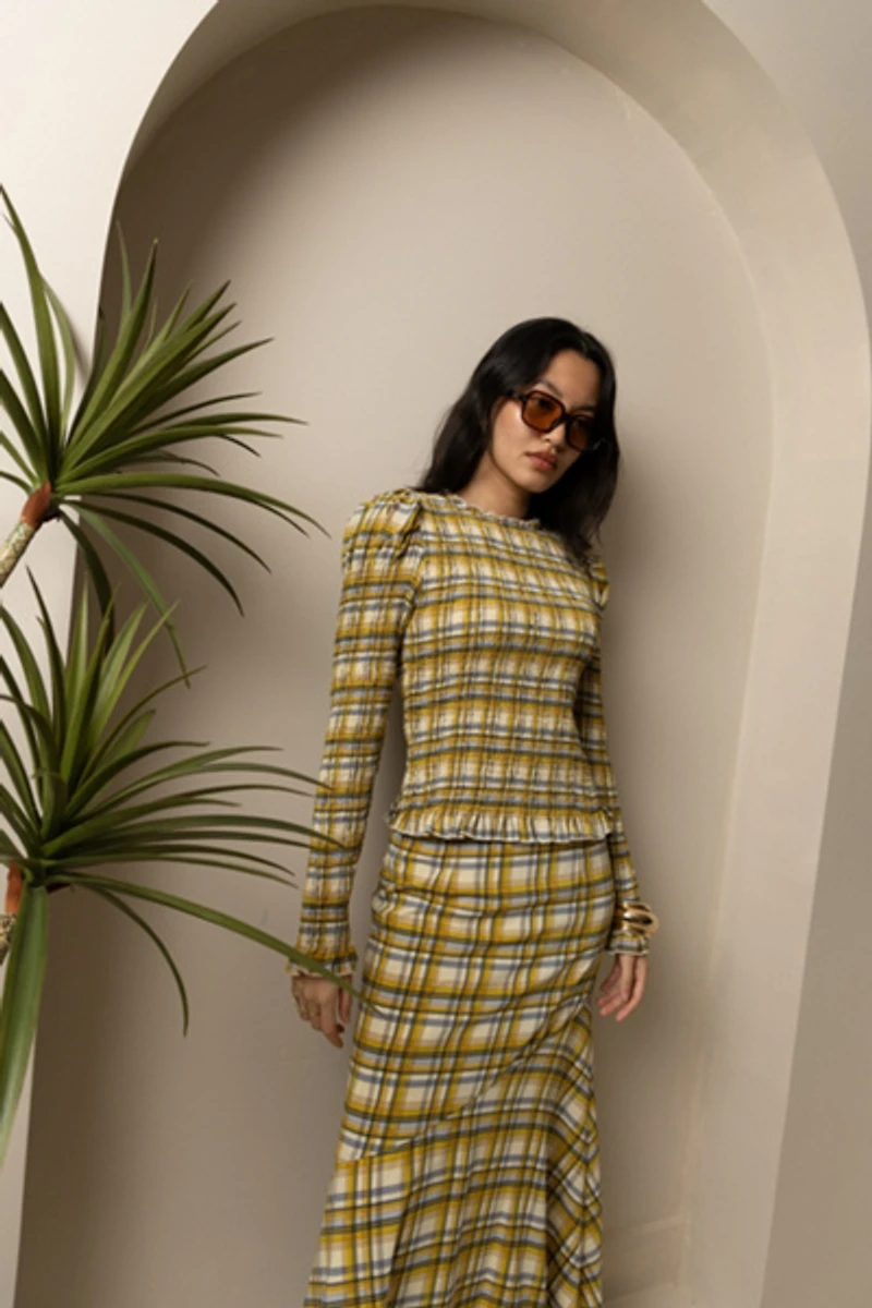 Amy Lynn Sunnie Plaid Asymetric Lace Trim Skirt