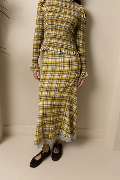 Amy Lynn Sunnie Plaid Asymetric Lace Trim Skirt