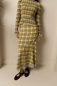 Amy Lynn Sunnie Plaid Asymetric Lace Trim Skirt