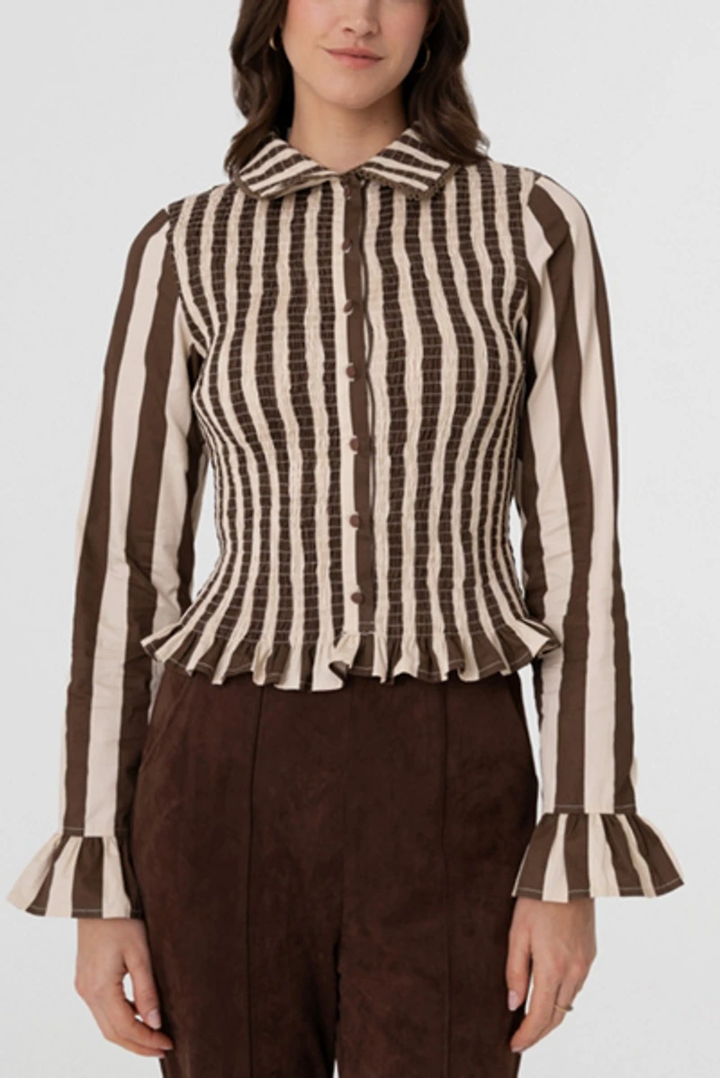 Amy Lynn Yasmine Cotton Stripe Smocked Shirt