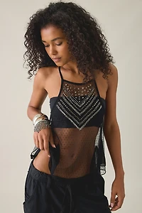 UO Kath Sequin Embellished Sheer Mesh Hanky Hem Cami