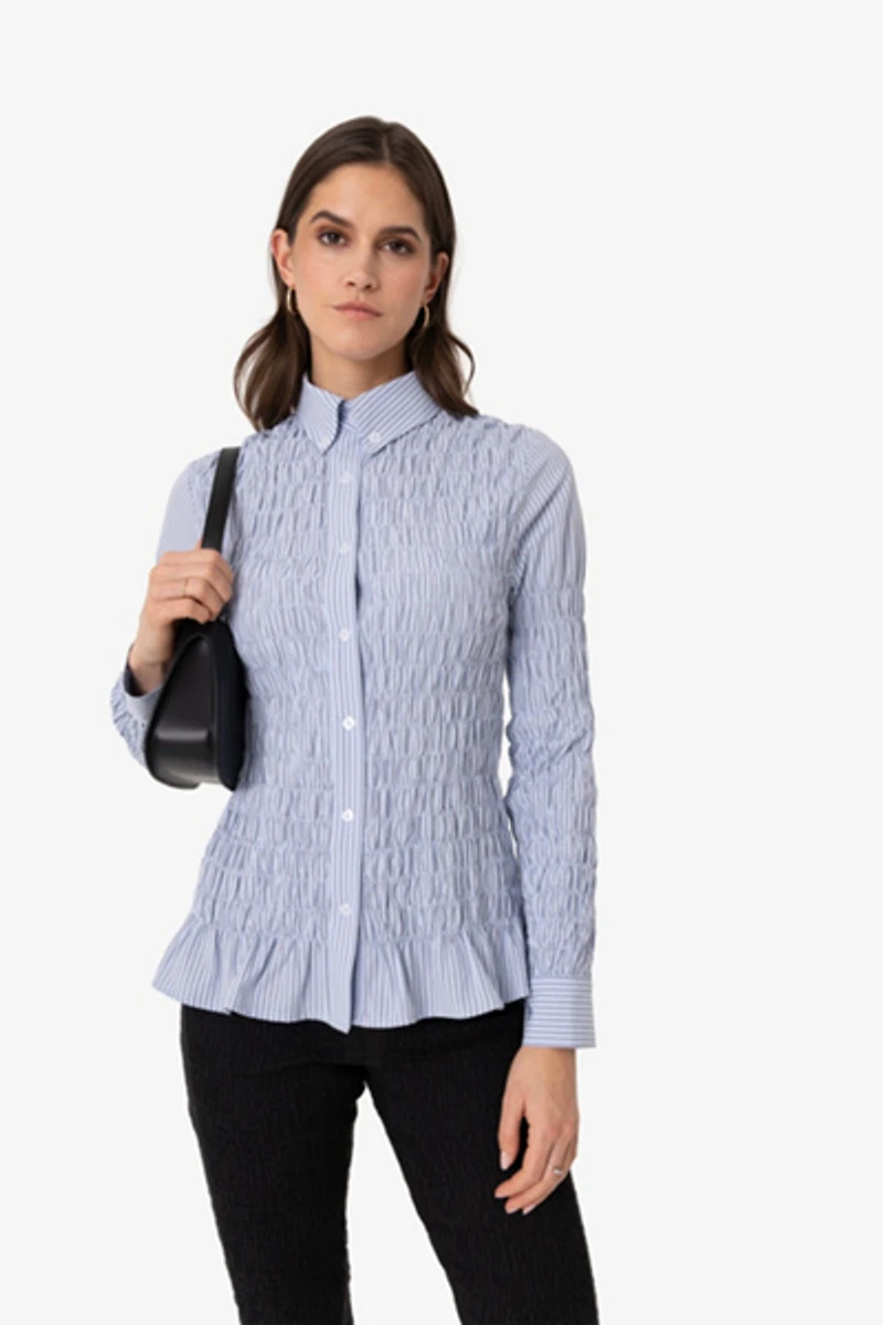 Amy Lynn Olivia Smocked Cotton Shirt Blue Stripe