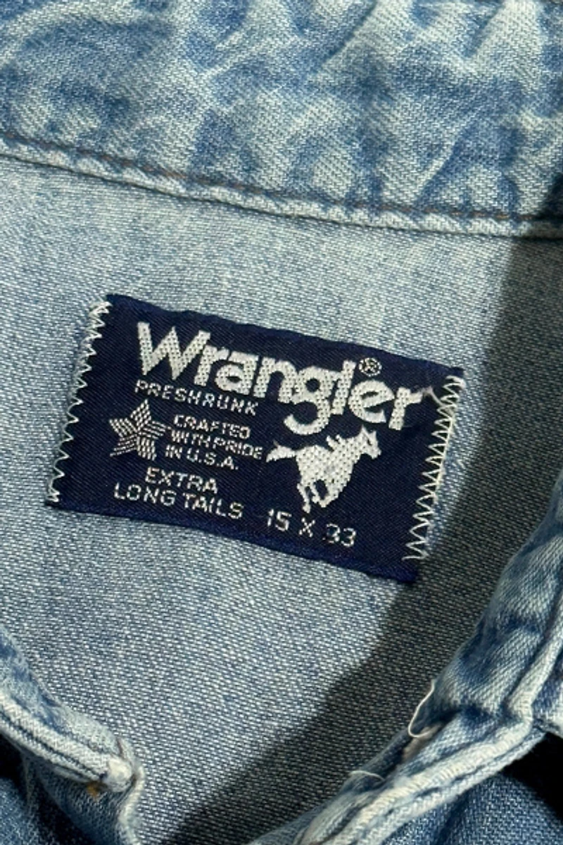 Vintage 1990's Wrangler Chainstitch Faded Denim Pearl Snap Shirt