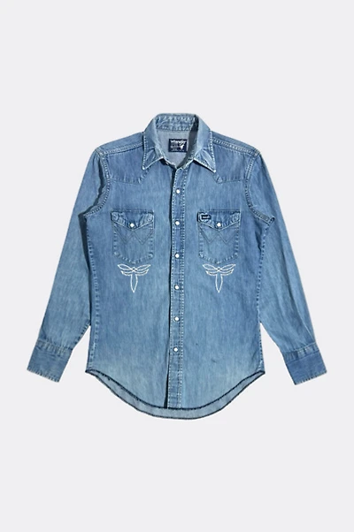 Vintage 1990's Wrangler Chainstitch Faded Denim Pearl Snap Shirt
