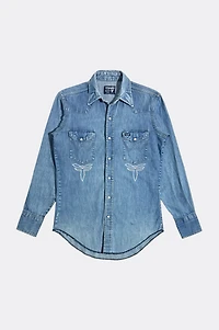Vintage 1990's Wrangler Chainstitch Faded Denim Pearl Snap Shirt