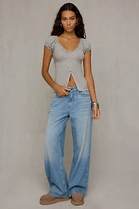 BDG Campus Crush Split-Front Puff Sleeve Babydoll Top