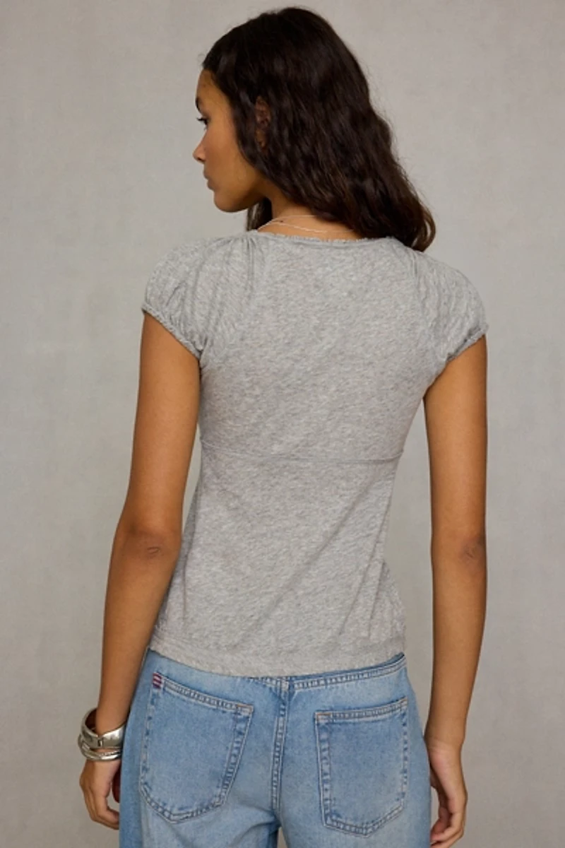 BDG Campus Crush Split-Front Puff Sleeve Babydoll Top