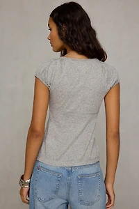 BDG Campus Crush Split-Front Puff Sleeve Babydoll Top