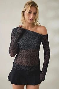Kimchi Blue Kay Sheer Mesh Asymmetric Off-The-Shoulder Long Sleeve Top