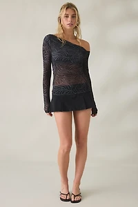 Kimchi Blue Kay Sheer Mesh Asymmetric Off-The-Shoulder Long Sleeve Top