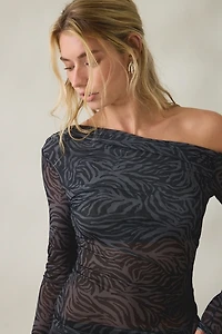 Kimchi Blue Kay Sheer Mesh Asymmetric Off-The-Shoulder Long Sleeve Top