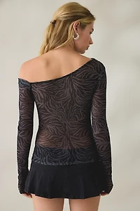 Kimchi Blue Kay Sheer Mesh Asymmetric Off-The-Shoulder Long Sleeve Top