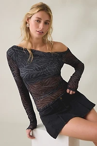 Kimchi Blue Kay Sheer Mesh Asymmetric Off-The-Shoulder Long Sleeve Top