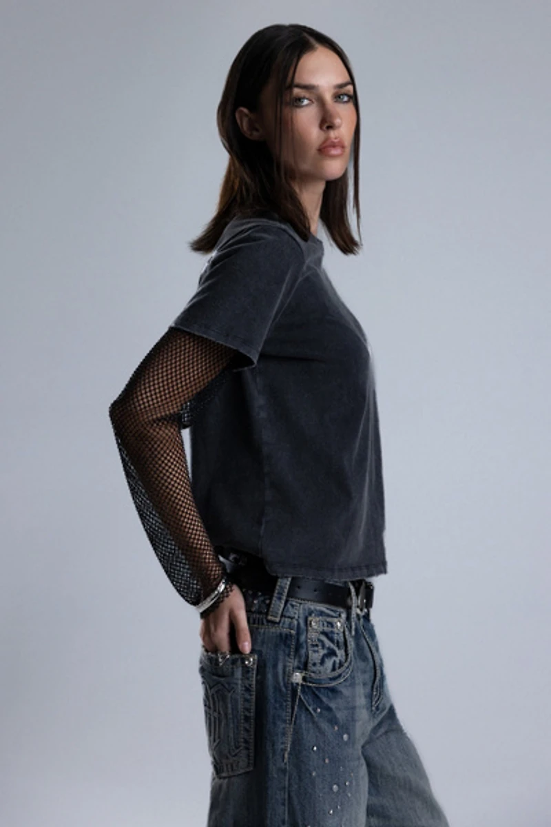 Miss Me Shiloh Mesh Sleeve Tee