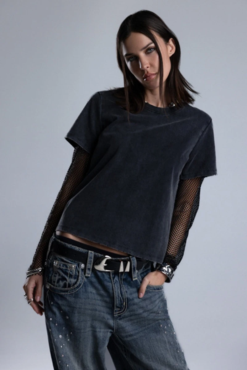 Miss Me Shiloh Mesh Sleeve Tee