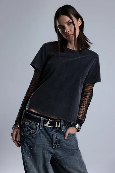 Miss Me Shiloh Mesh Sleeve Tee