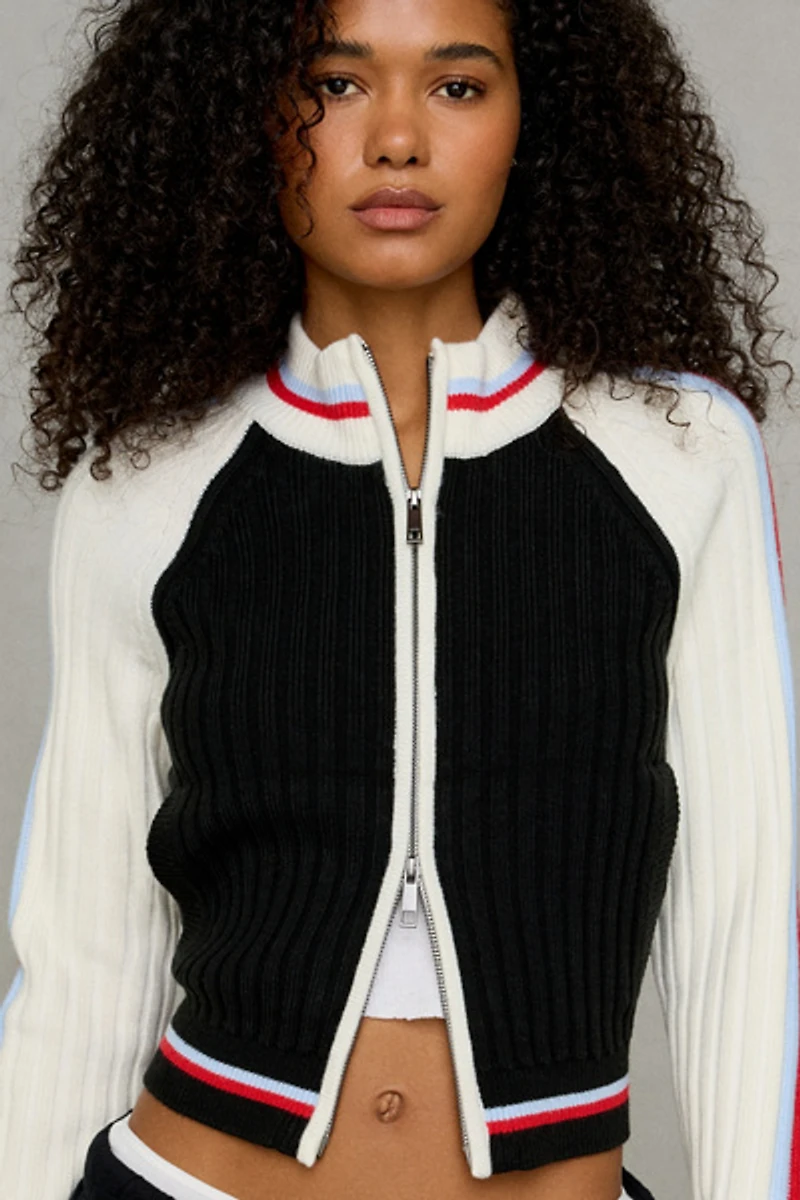 BDG Ruby Ribbed Knit Mockneck Zip-Up Cardigan