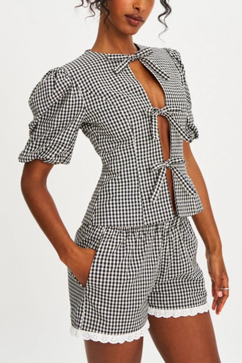 Miss Circle Qutayla Gingham Lace Trim Shorts