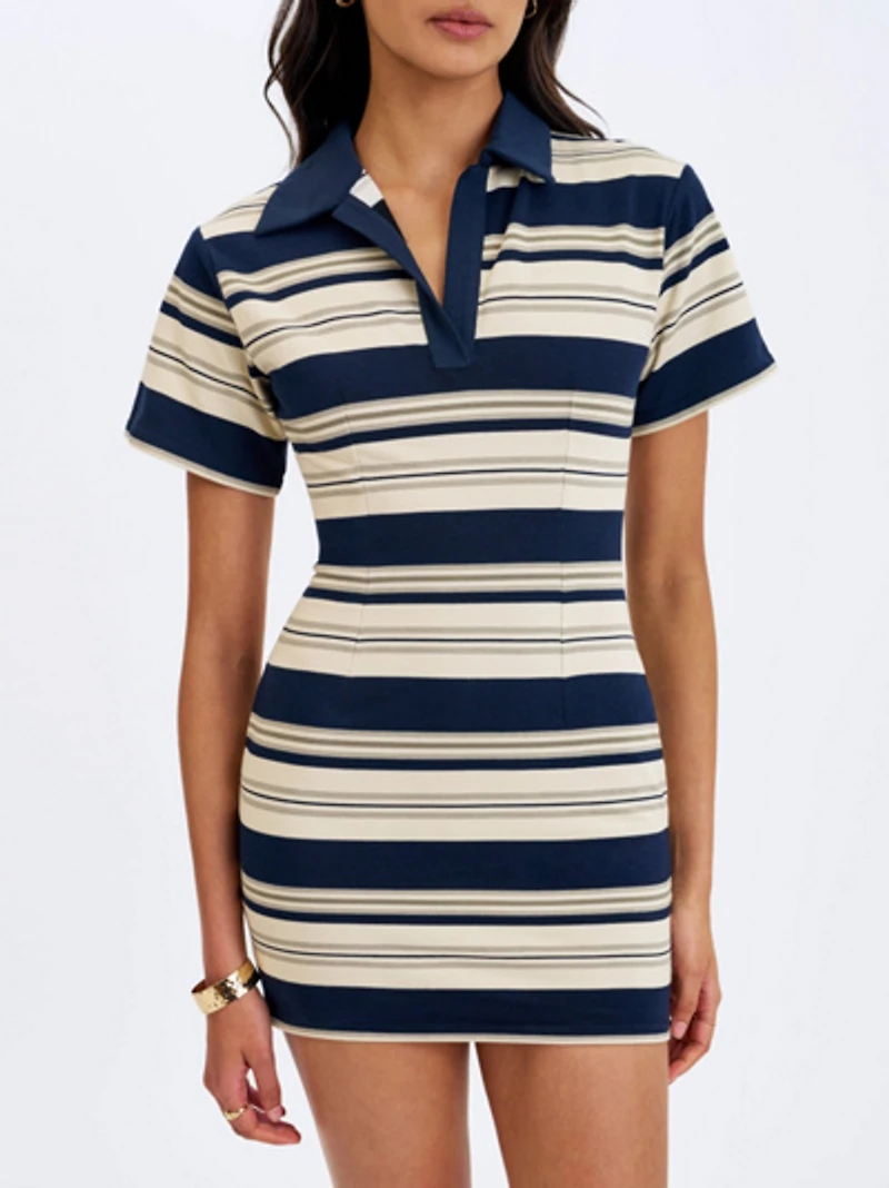 Miss Circle Whitley Piqué Cotton Striped Collared Mini Dress