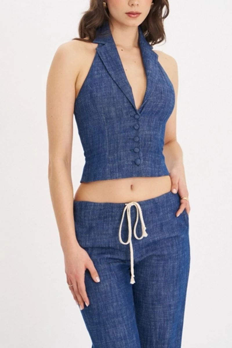 Miss Circle Rafaella Ruched Back Cotton Denim Suit Vest