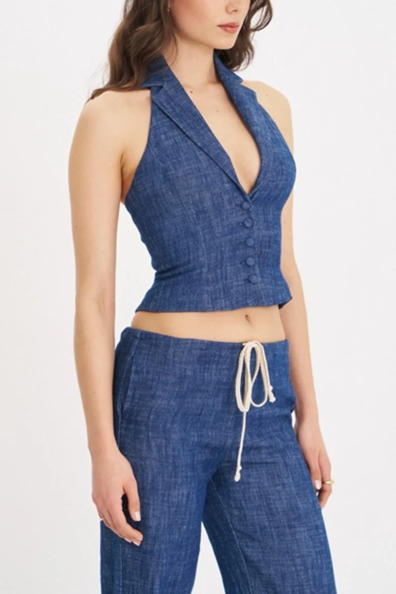 Miss Circle Rafaella Ruched Back Cotton Denim Suit Vest
