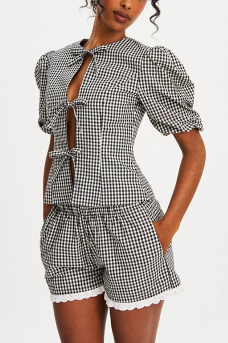Miss Circle Qusayla Gingham Bubble Sleeve Bowtie Top