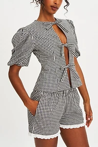 Miss Circle Qusayla Gingham Bubble Sleeve Bowtie Top