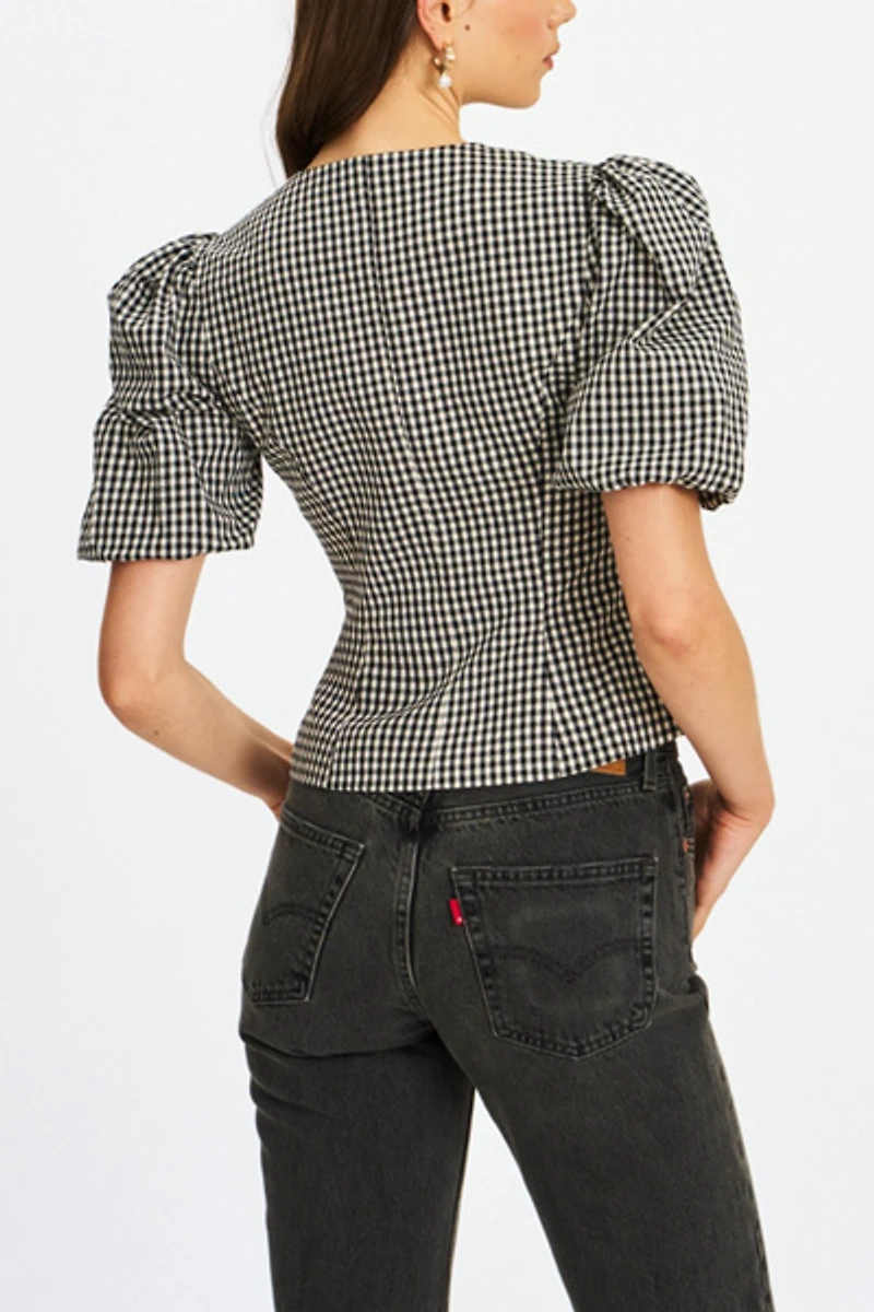Miss Circle Qusayla Gingham Bubble Sleeve Bowtie Top