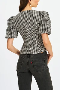 Miss Circle Qusayla Gingham Bubble Sleeve Bowtie Top