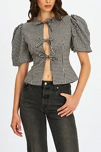 Miss Circle Qusayla Gingham Bubble Sleeve Bowtie Top