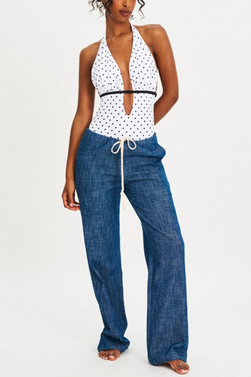 Miss Circle Olive Polka Dot Ruched Halter Backless Swimsuit
