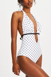 Miss Circle Olive Polka Dot Ruched Halter Backless Swimsuit