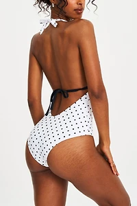 Miss Circle Olive Polka Dot Ruched Halter Backless Swimsuit