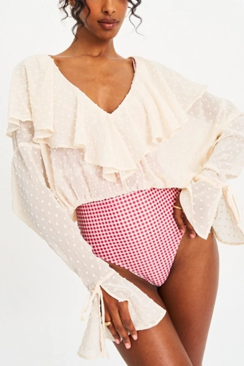 Miss Circle Magali Dotted Mesh Ruffle V Collar Top