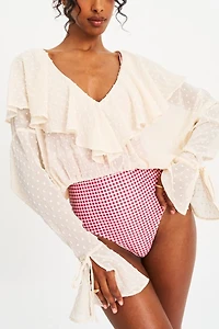 Miss Circle Magali Dotted Mesh Ruffle V Collar Top