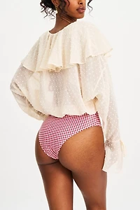 Miss Circle Magali Dotted Mesh Ruffle V Collar Top