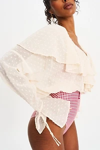 Miss Circle Magali Dotted Mesh Ruffle V Collar Top