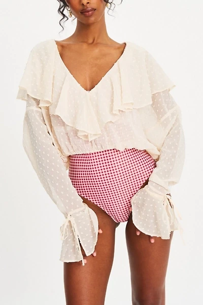 Miss Circle Magali Dotted Mesh Ruffle V Collar Top