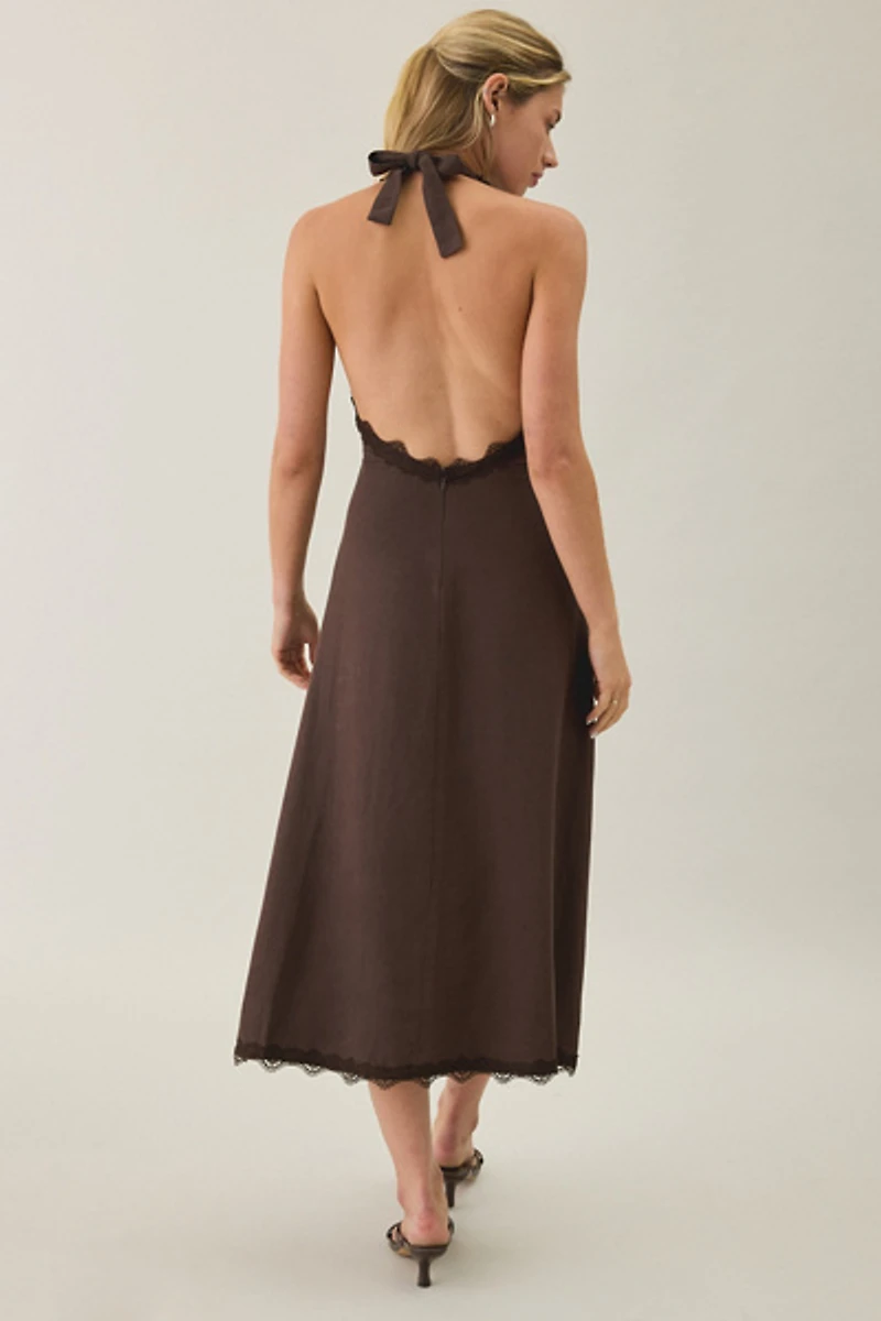 Lioness Stars Align Lace Trim Halter Midi Dress