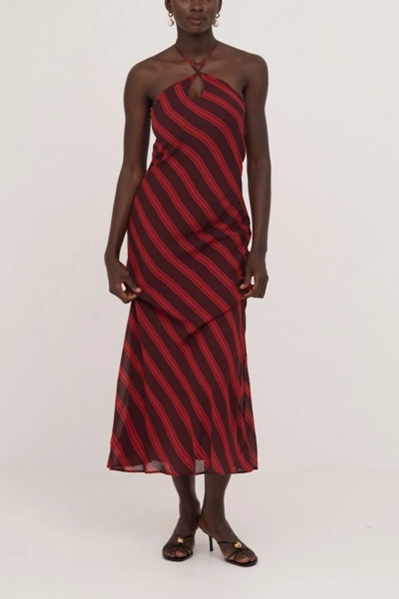 Carmen Says Whispered Striped Burgundy and Red Long Occasion Dress