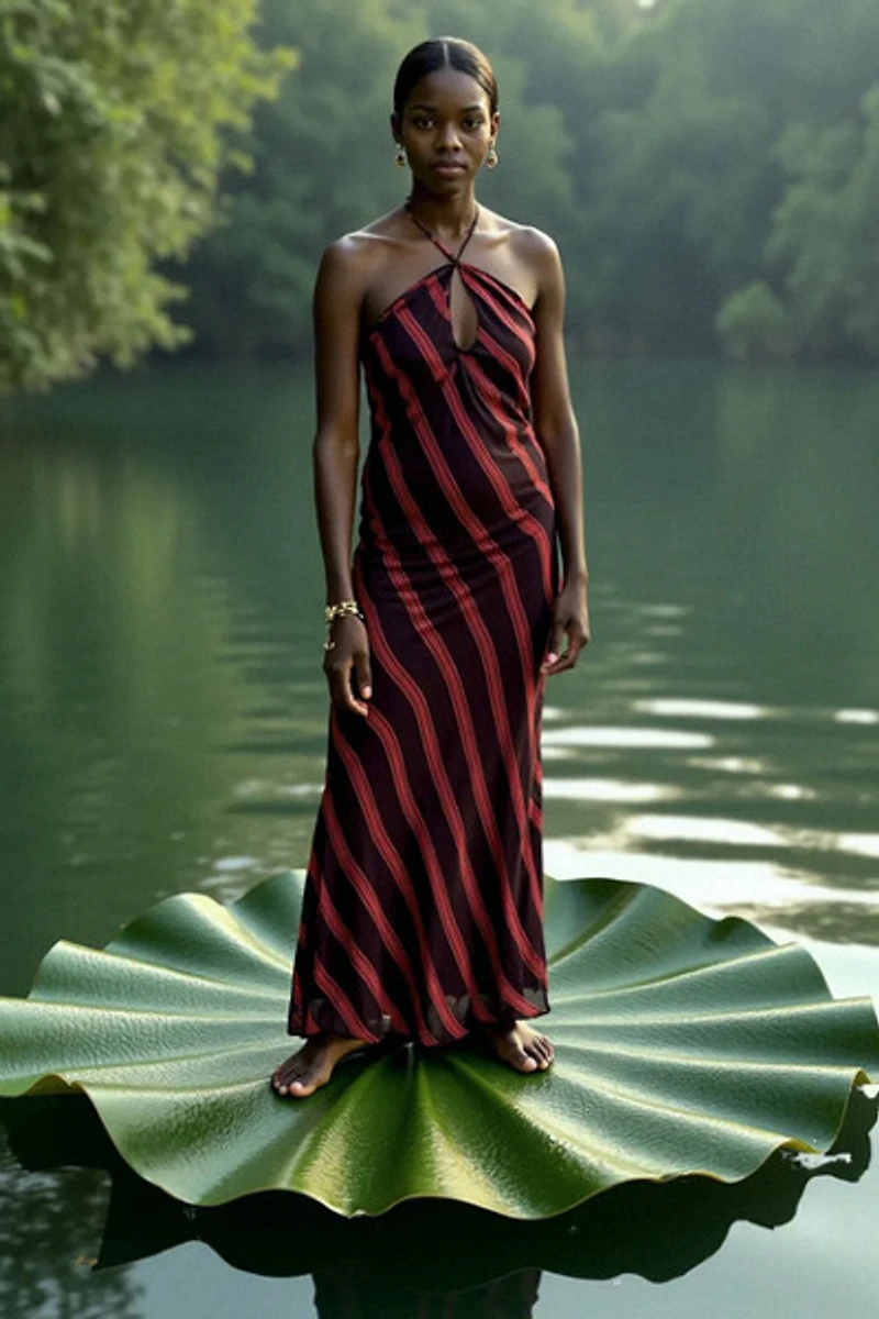 Carmen Says Whispered Striped Burgundy and Red Long Occasion Dress