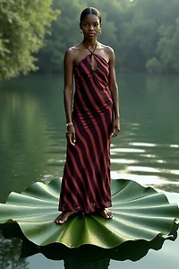 Carmen Says Whispered Striped Burgundy and Red Long Occasion Dress