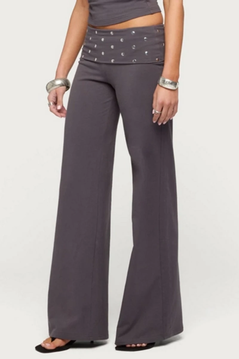 Edikted Breanna Studded Foldover Wide Leg Pants
