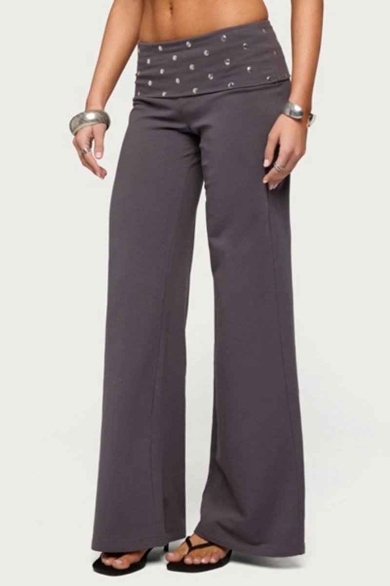Edikted Breanna Studded Foldover Wide Leg Pants