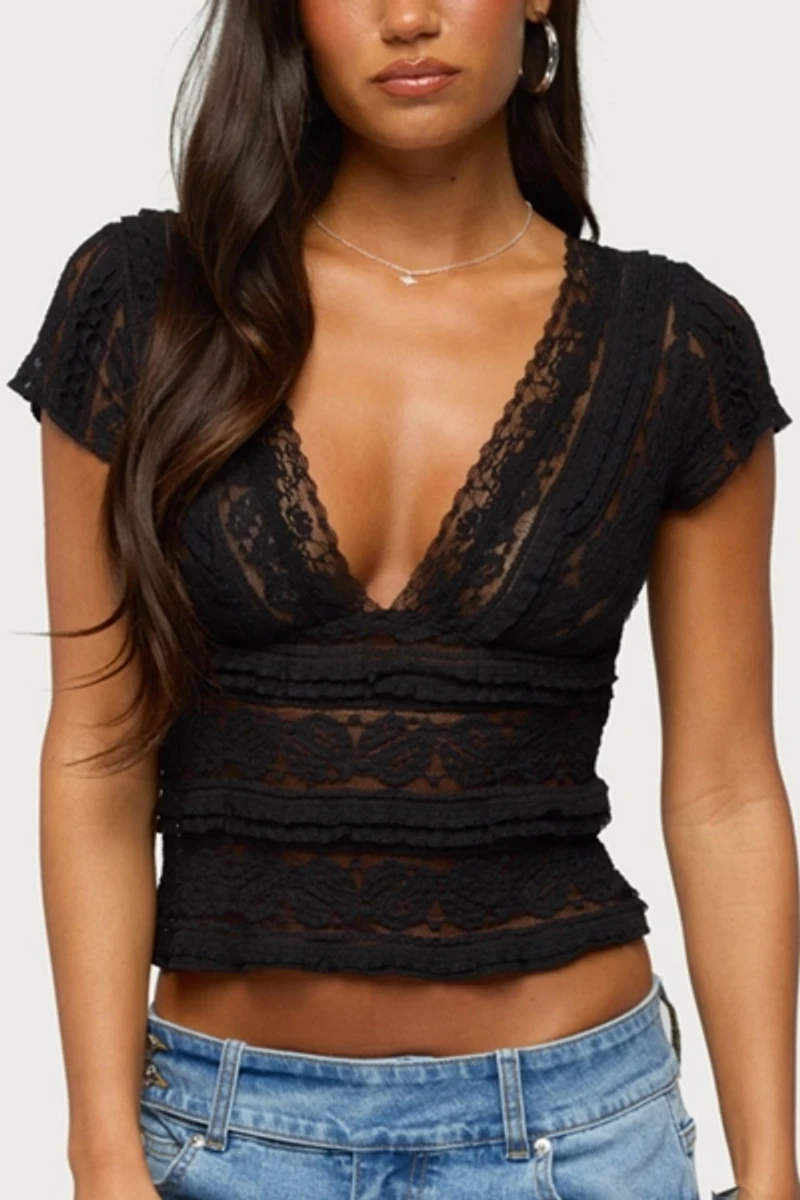 Edikted Avalee Sheer Lace V Neck Top