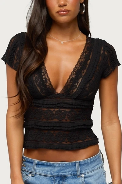 Edikted Avalee Sheer Lace V Neck Top