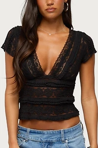 Edikted Avalee Sheer Lace V Neck Top