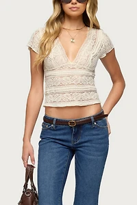 Edikted Avalee Sheer Lace V Neck Top