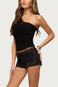 Edikted Stud & Grommet Lace Up Denim Micro Shorts