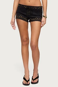 Edikted Stud & Grommet Lace Up Denim Micro Shorts